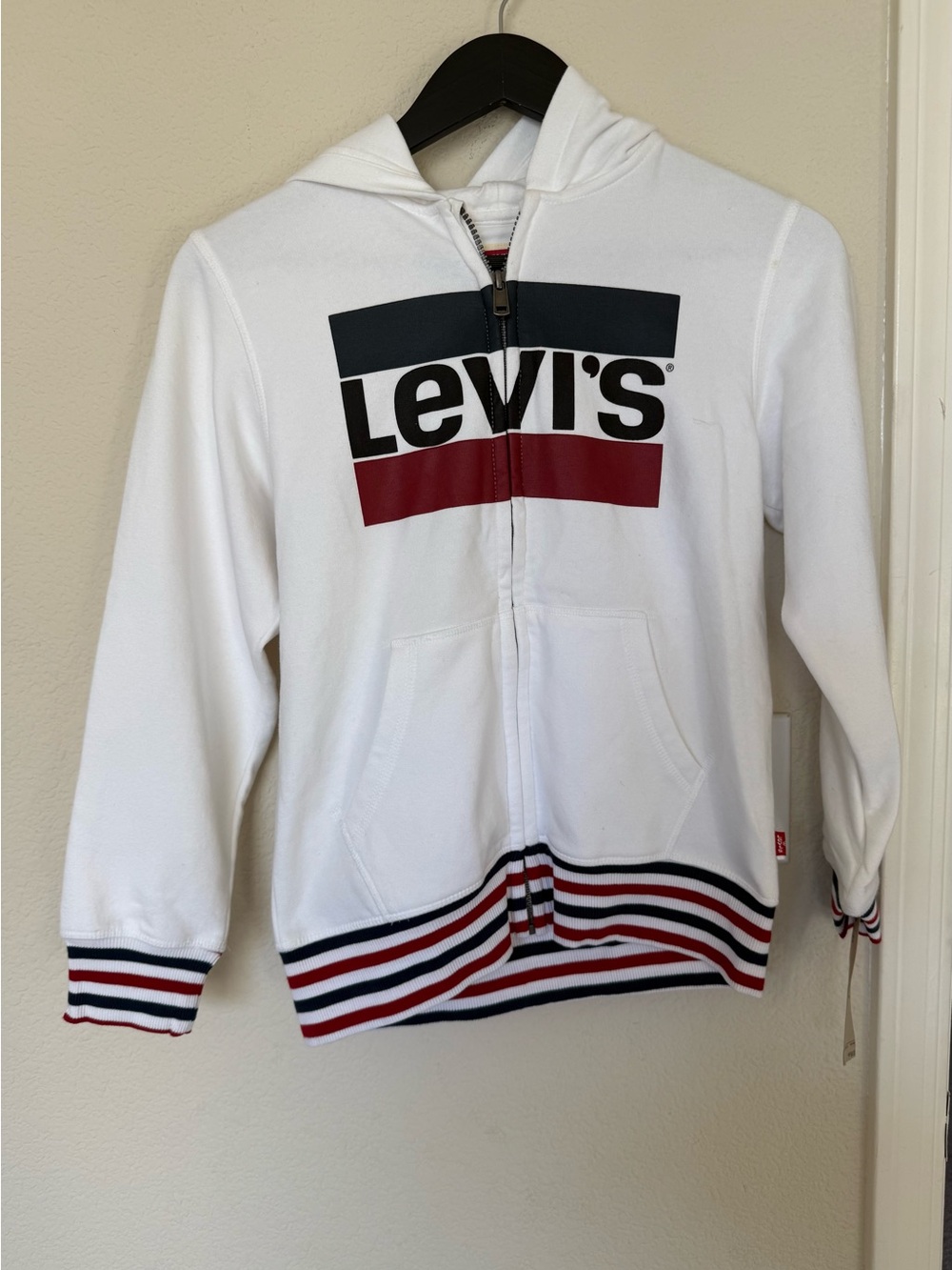 Levi's White Zip Hoodie for Kids Medium with Navy & Red Logo